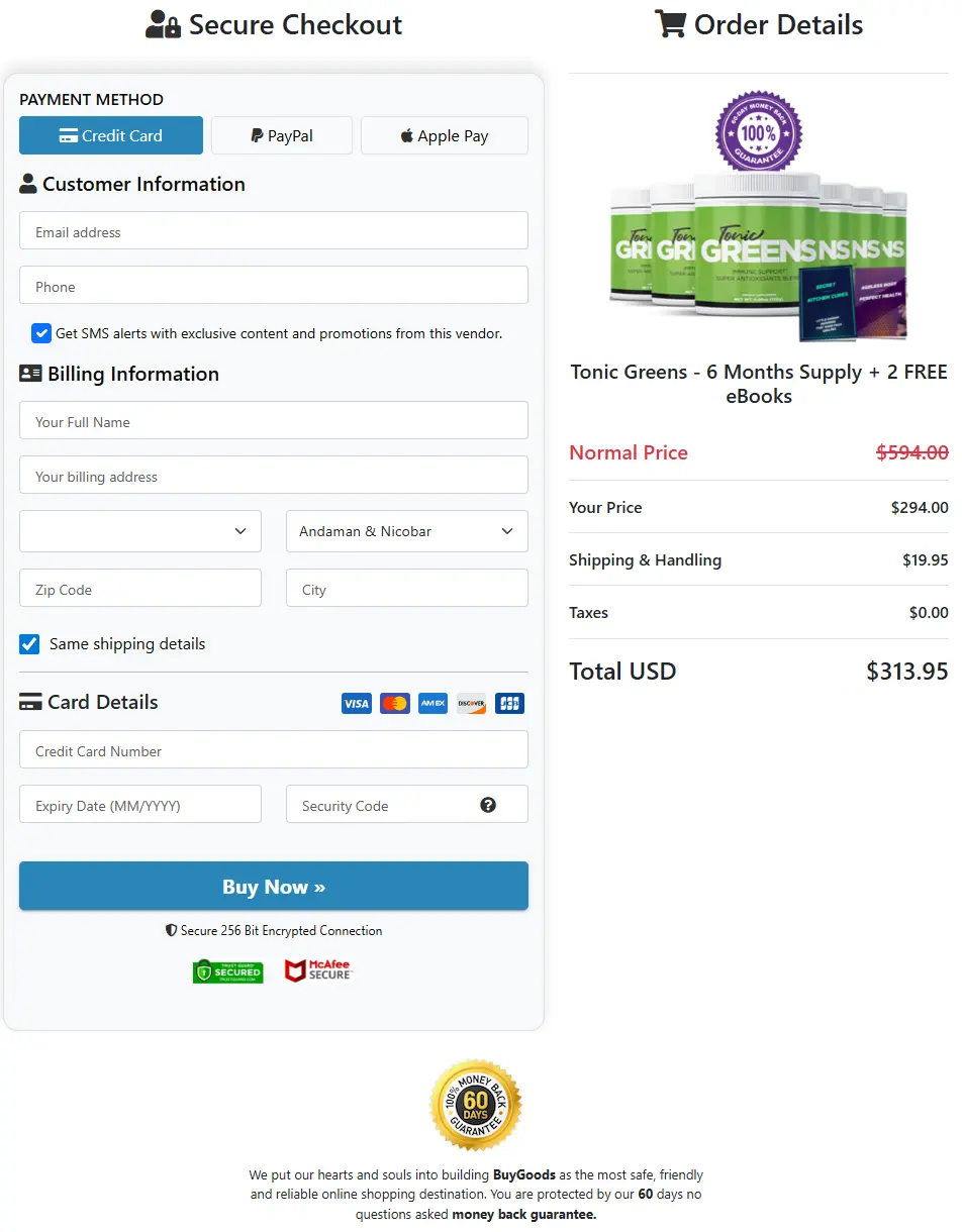 Tonic Greens secure checkout page